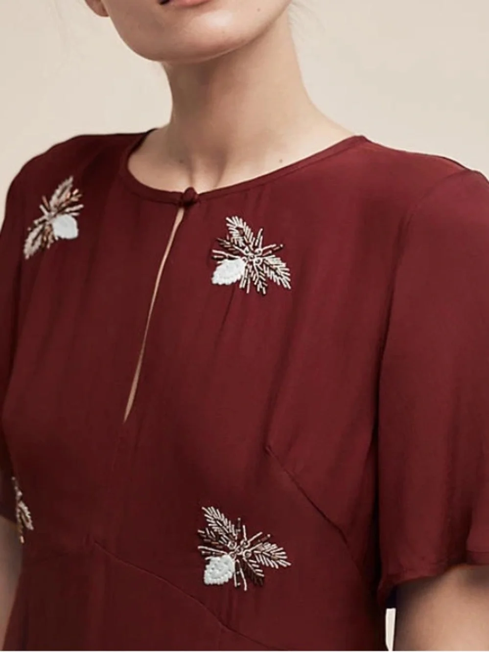 Moulinette Soeurs Anthropologie Embroidered Bee Silk Blend Dress Burgundy Size 2